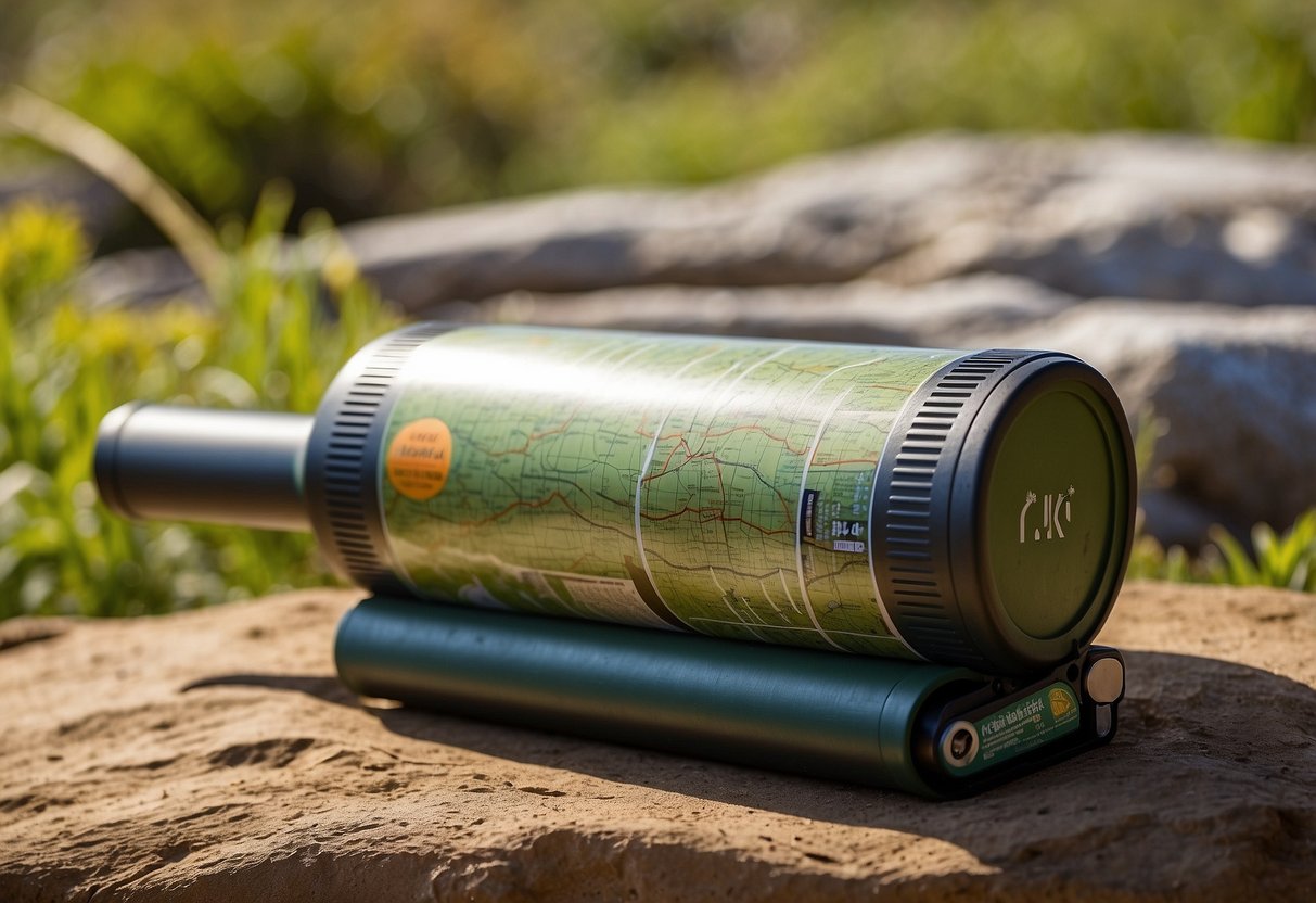 A foam roller sits next to binoculars and a field guide, surrounded by nature. A map of the wildlife reserve is nearby, with a water bottle and sunscreen