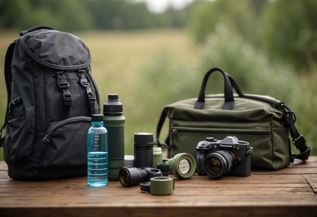 A wildlife watcher takes magnesium supplements, surrounded by binoculars, a field guide, and a backpack with a water bottle