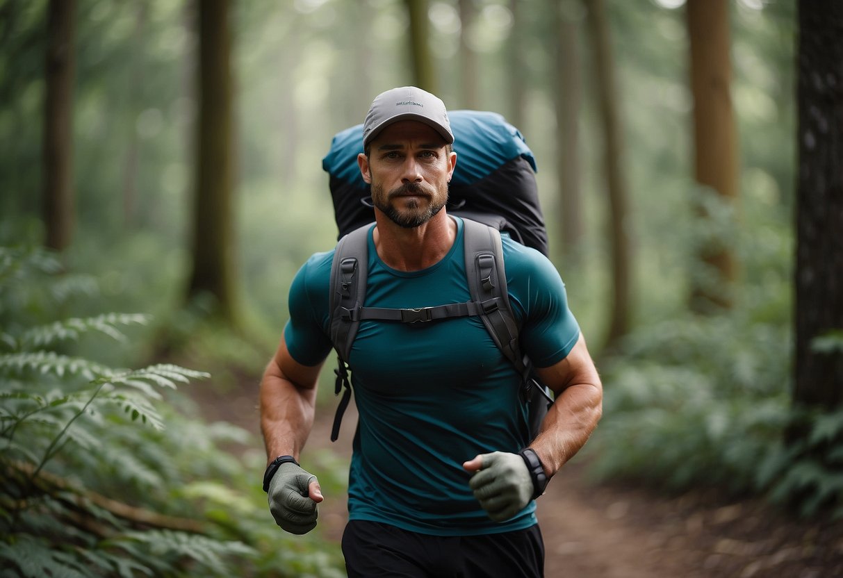 A wildlife enthusiast wears compression gear while hiking, surrounded by trees and wildlife. They manage sore muscles with 7 tips