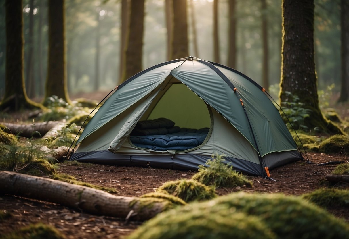 A cozy tent nestled in a peaceful forest, with a warm sleeping bag inside. Nearby, a pair of binoculars and a field guide lay ready for a day of wildlife watching