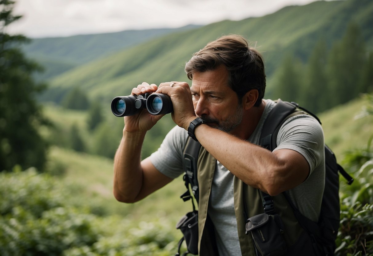 A person observing wildlife with binoculars, surrounded by nature. They are wincing slightly, indicating muscle soreness, while holding a water bottle and a map