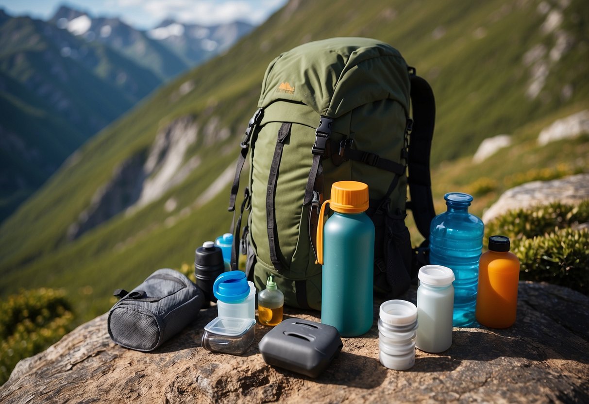 A person packing a backpack with a first aid kit, water bottle, and stretching band. They are surrounded by hiking gear and wildlife watching equipment