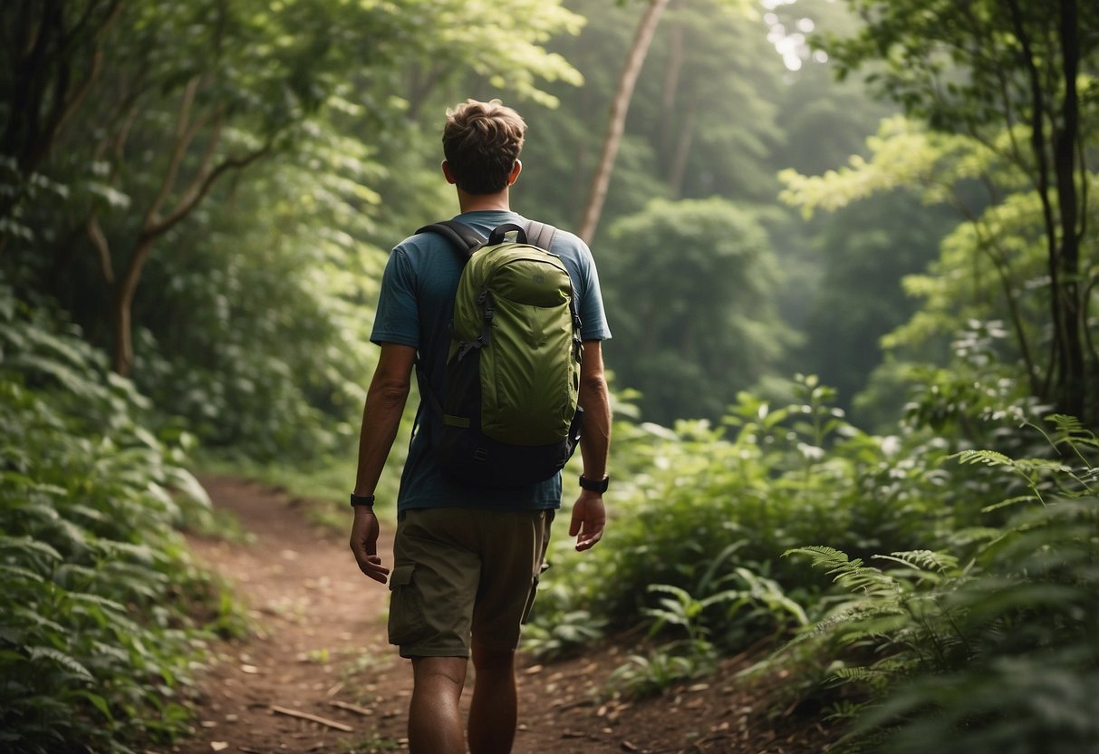 A hiker stands on a trail surrounded by lush greenery, massaging their sore muscles. They carry a backpack and binoculars, gazing at a distant bird in the sky. A map and water bottle lay nearby