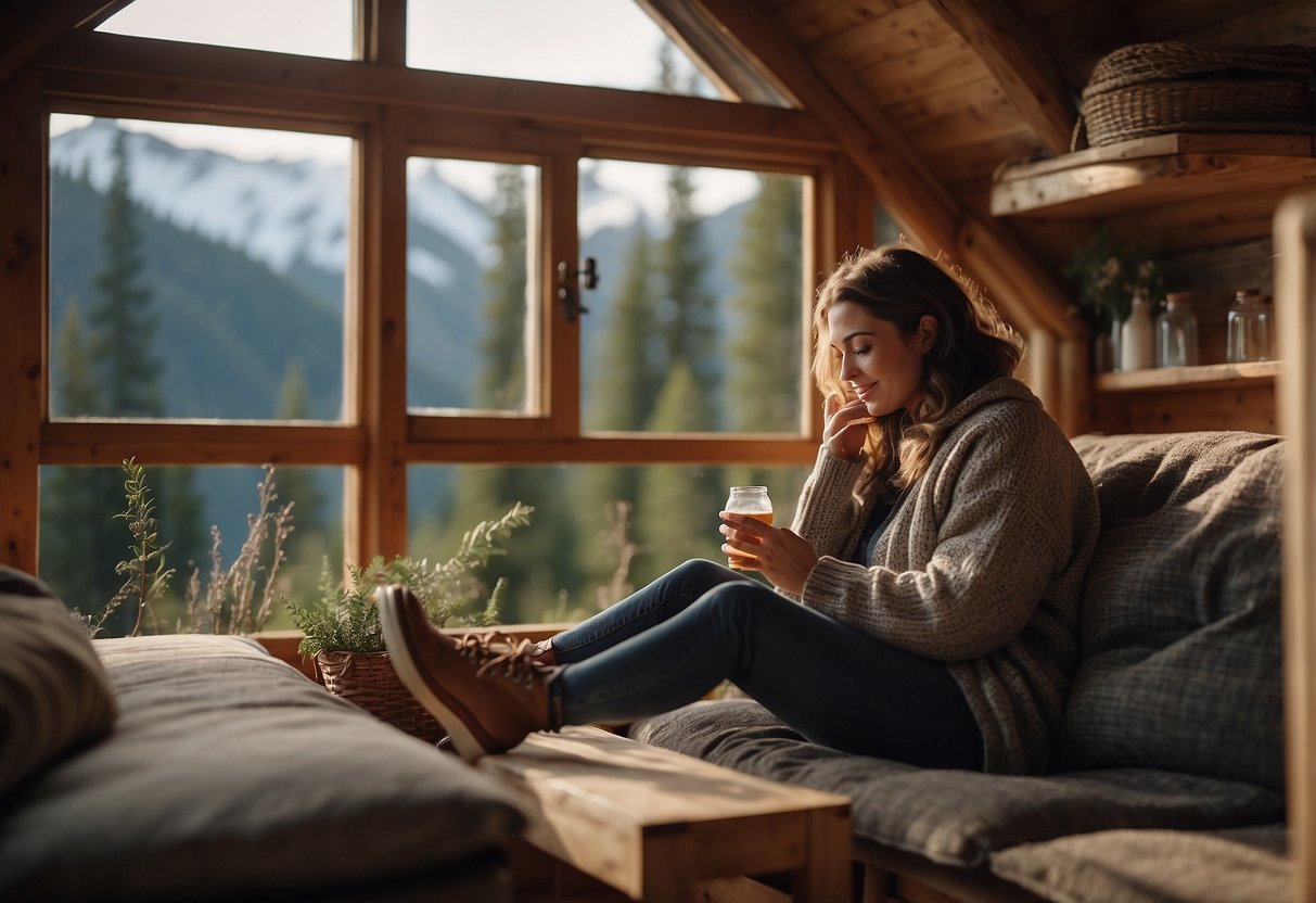 A person rests in a cozy cabin, surrounded by nature. They sip on a warm drink, while their hiking boots and binoculars lay nearby. A soothing essential oil diffuser fills the air