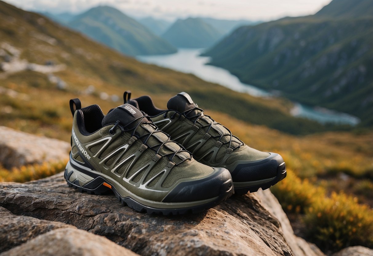 A pair of Salomon X Ultra 4 GTX shoes placed on rocky terrain with wildlife in the background