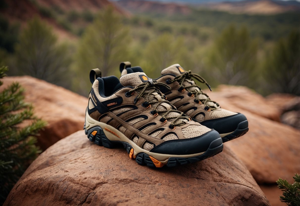 A pair of Merrell Moab 2 Waterproof shoes placed on rocky terrain, surrounded by wildlife such as deer, birds, and small mammals
