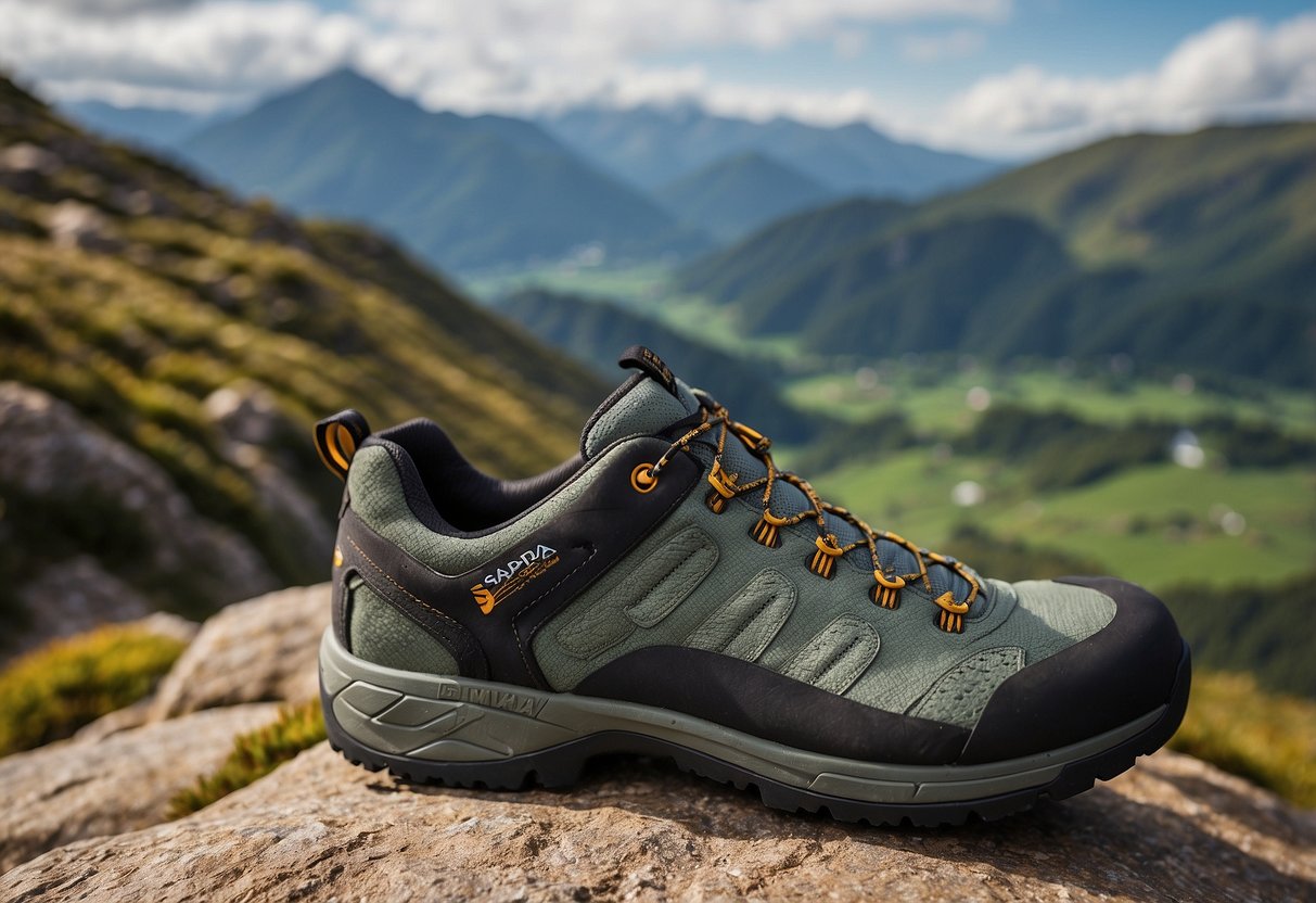 A pair of Scarpa Zodiac Plus GTX shoes placed on rocky terrain with wildlife in the background