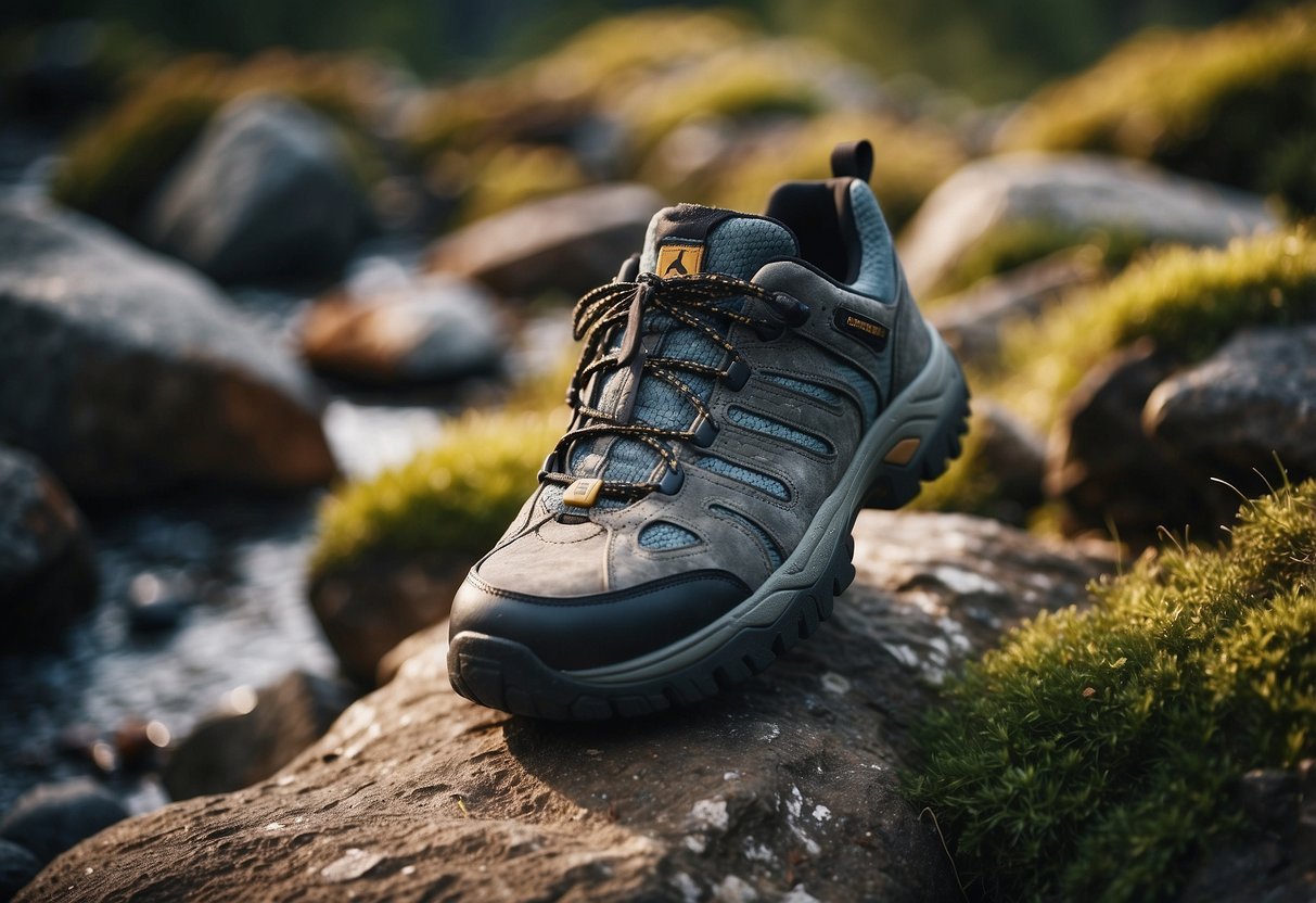 A rocky terrain with various wildlife, featuring sturdy, non-slip shoes