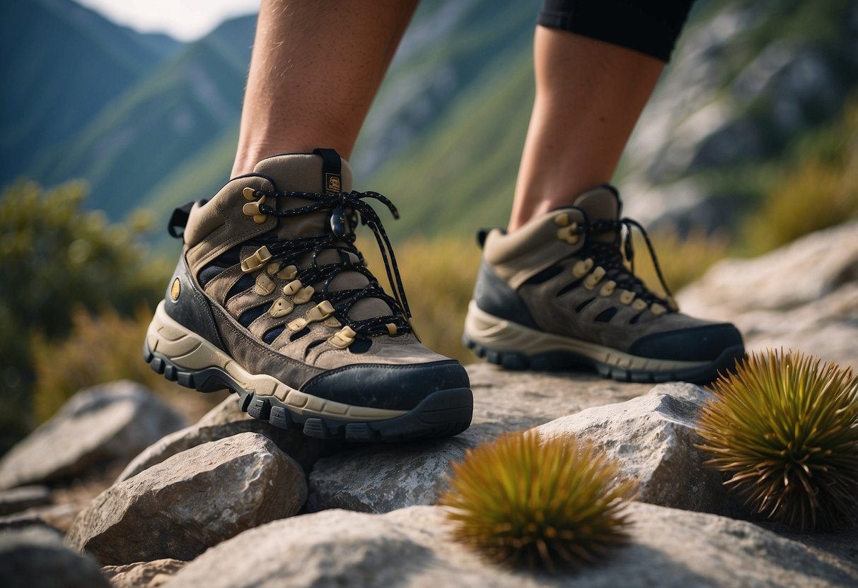 A rocky terrain with various wildlife, featuring sturdy hiking shoes
