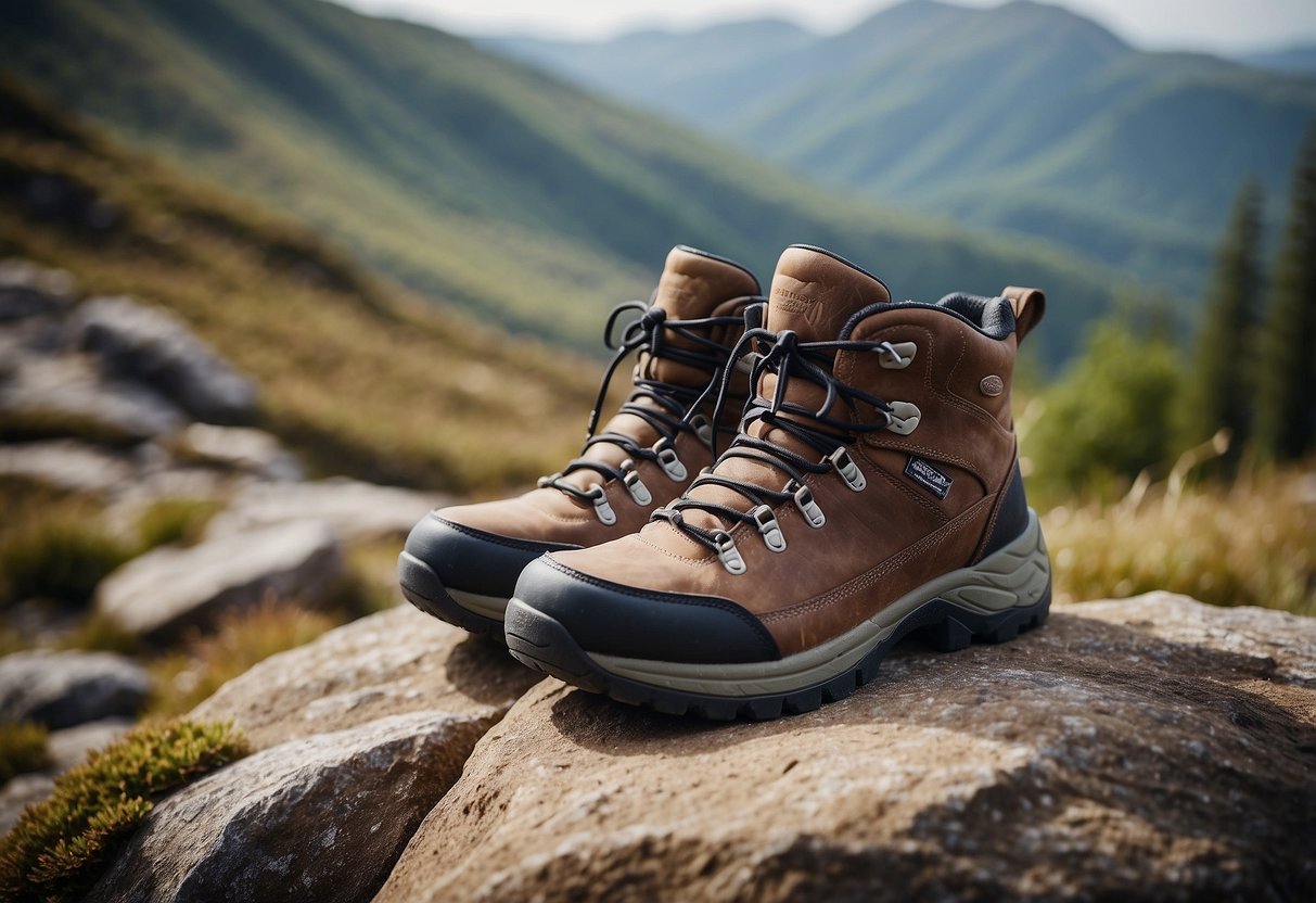 A pair of sturdy hiking boots sits on a rocky terrain, surrounded by wildlife. The boots are well-maintained and ready for wildlife watching