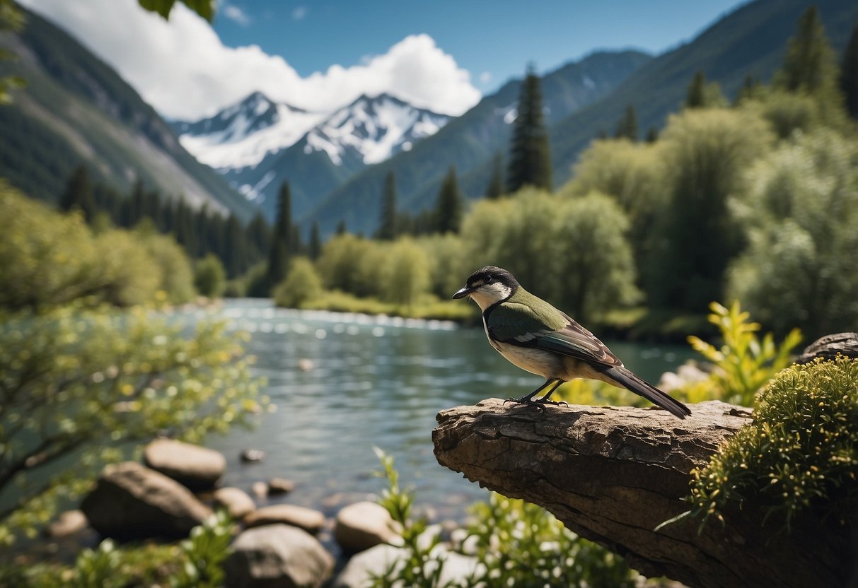 A lush forest with native birds, a clear river, and snow-capped mountains in the background