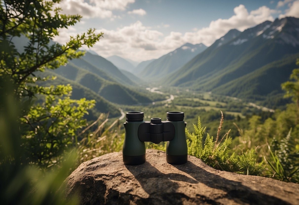 Wildlife watching: binoculars scanning a vast, untouched landscape. A lone animal grazing in the distance, surrounded by lush greenery and towering mountains