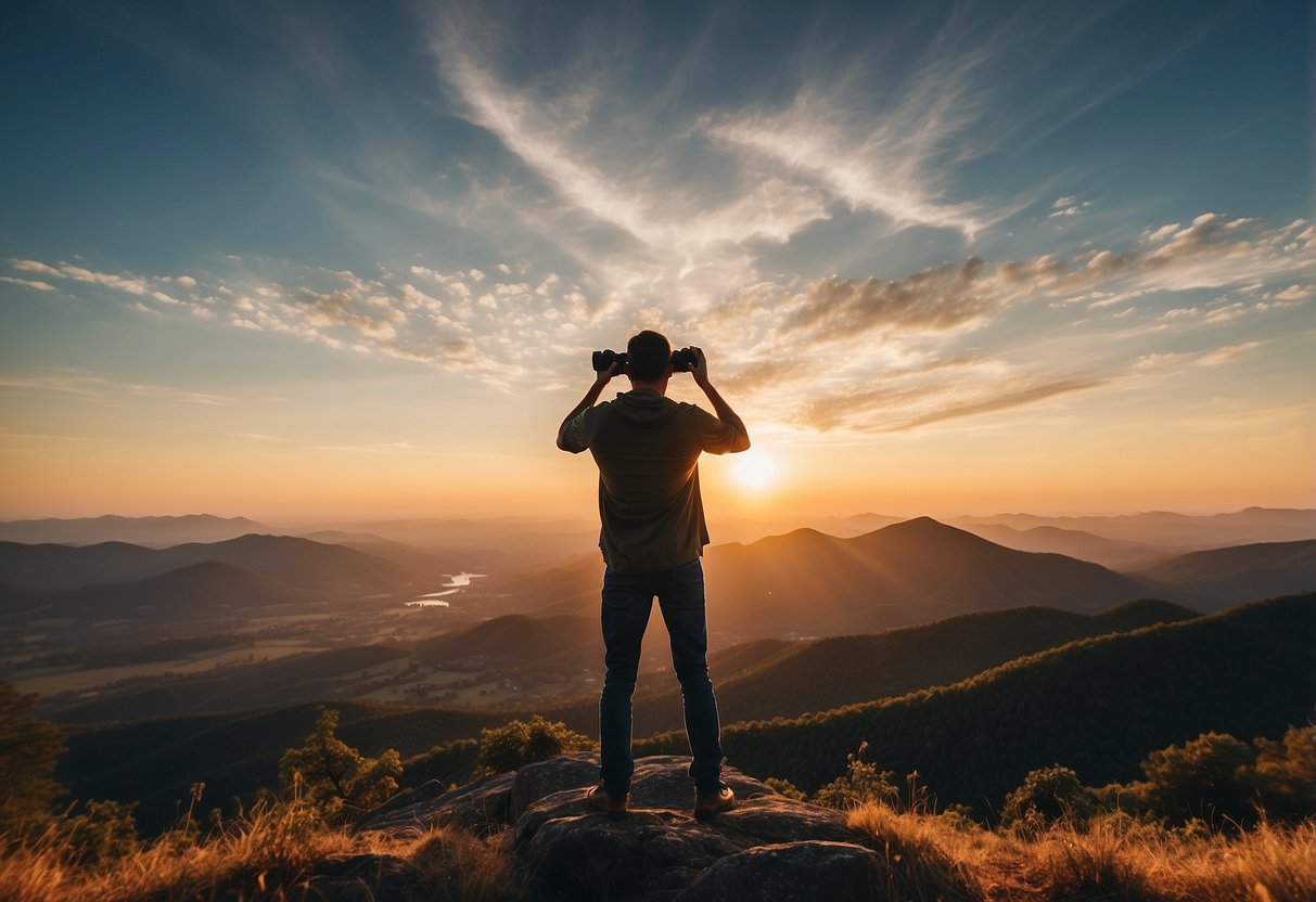 A person holds binoculars, scanning the vast wilderness. Trees, mountains, and wildlife surround them. The sun sets in the distance, casting a warm glow over the scene