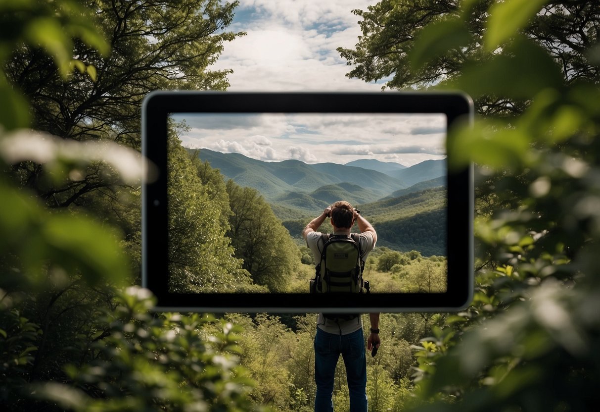 A person uses a field guide to identify wildlife in a remote area, binoculars hanging from their neck, surrounded by trees and bushes