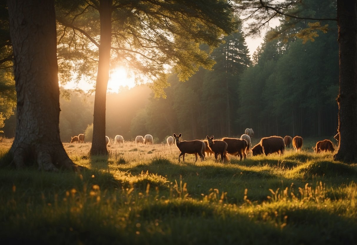 A serene forest clearing with a variety of animals grazing and moving about. The sun is setting, casting a warm glow over the scene