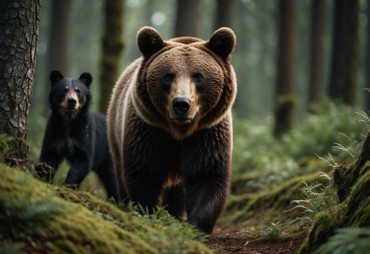 A bear and her cubs roam freely in a remote forest, while a lone wolf prowls in the distance. The animals are undisturbed, surrounded by lush greenery and a serene atmosphere