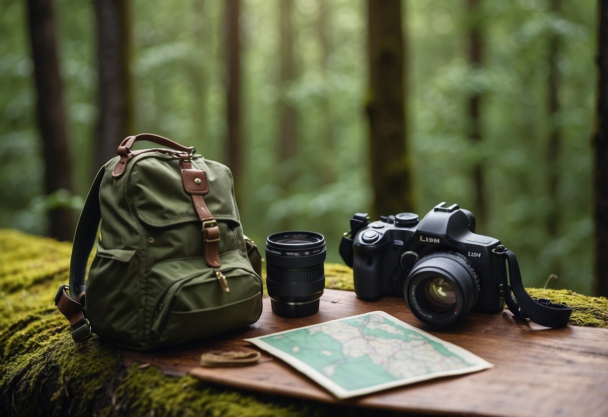 Lush forest with a winding trail. Binoculars, camera, and backpack on the ground. Bird perched on a branch. Map and compass nearby