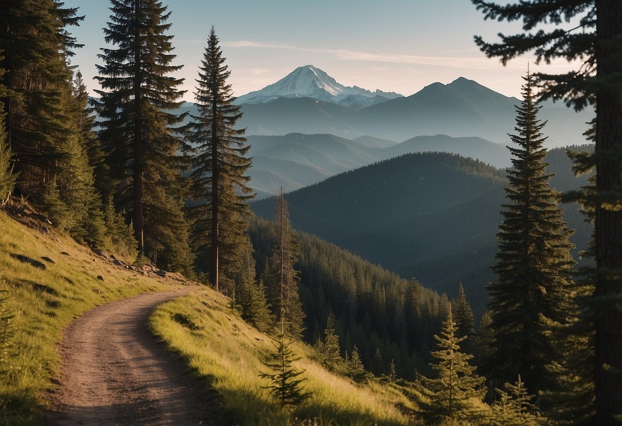 A serene forest with a clear trail, wildlife signs, and a distant mountain range, showcasing the beauty and tranquility of remote wildlife watching