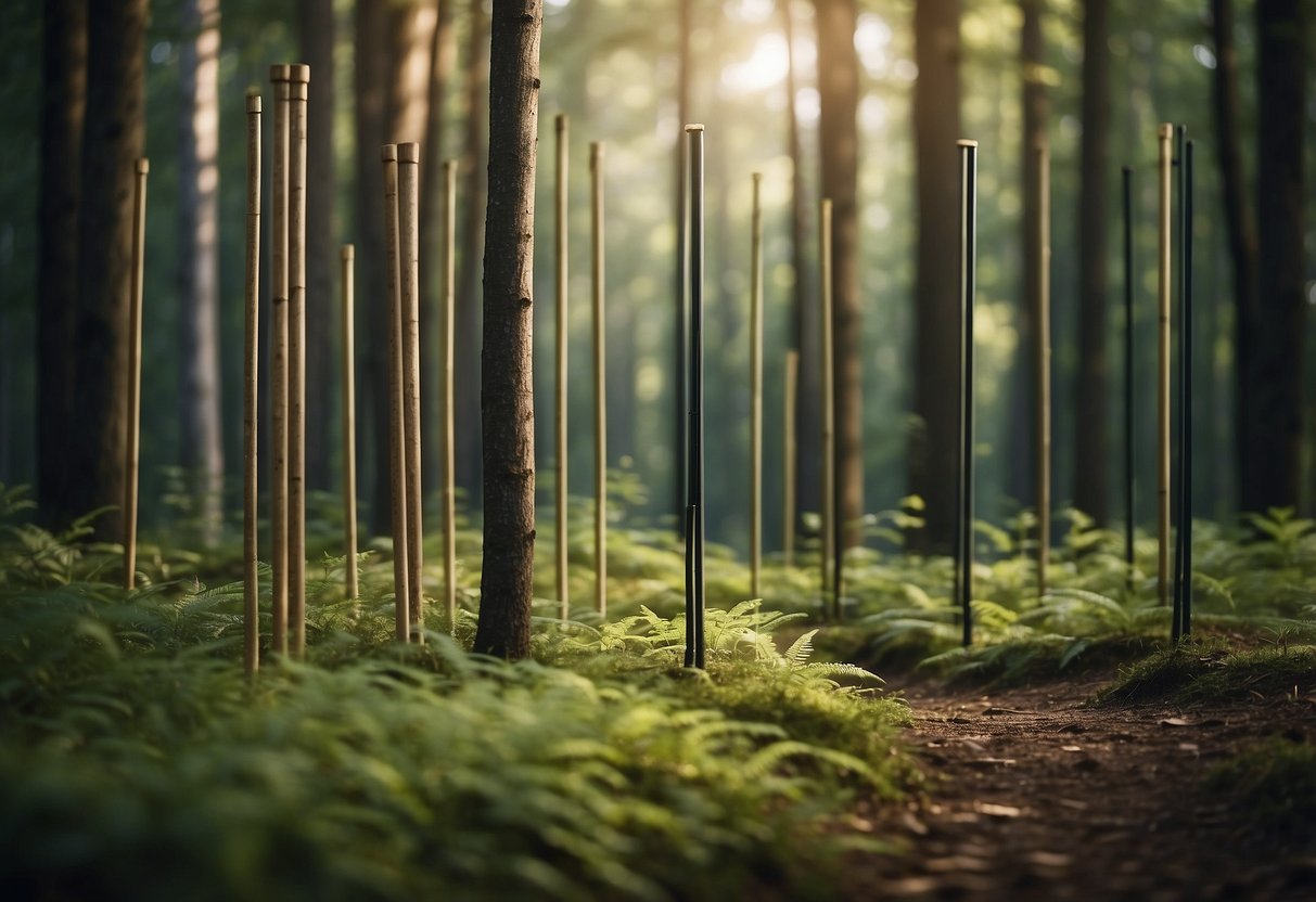 A serene forest clearing with 5 lightweight wildlife watching poles arranged in a neat row, surrounded by lush greenery and the sounds of nature