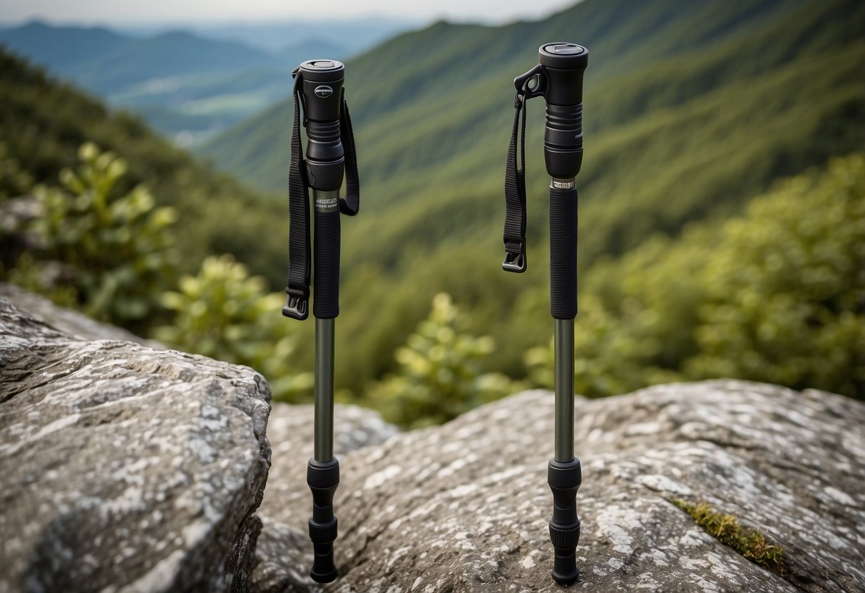 Two aluminum trekking poles stand on rocky terrain, surrounded by lush greenery. A variety of wildlife, such as birds and deer, can be seen in the background