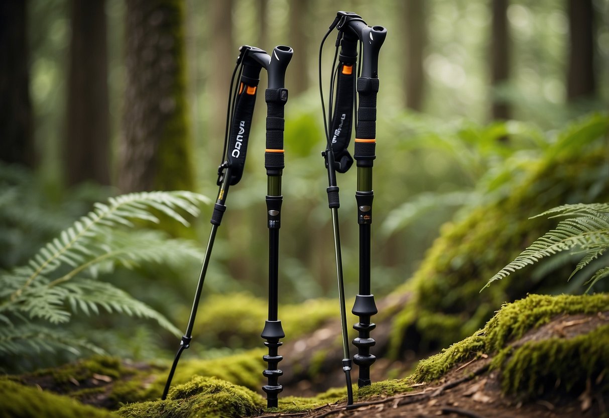 A pair of Montem Ultra Strong Trekking Poles stand upright in a lush forest, surrounded by tall trees and vibrant wildlife