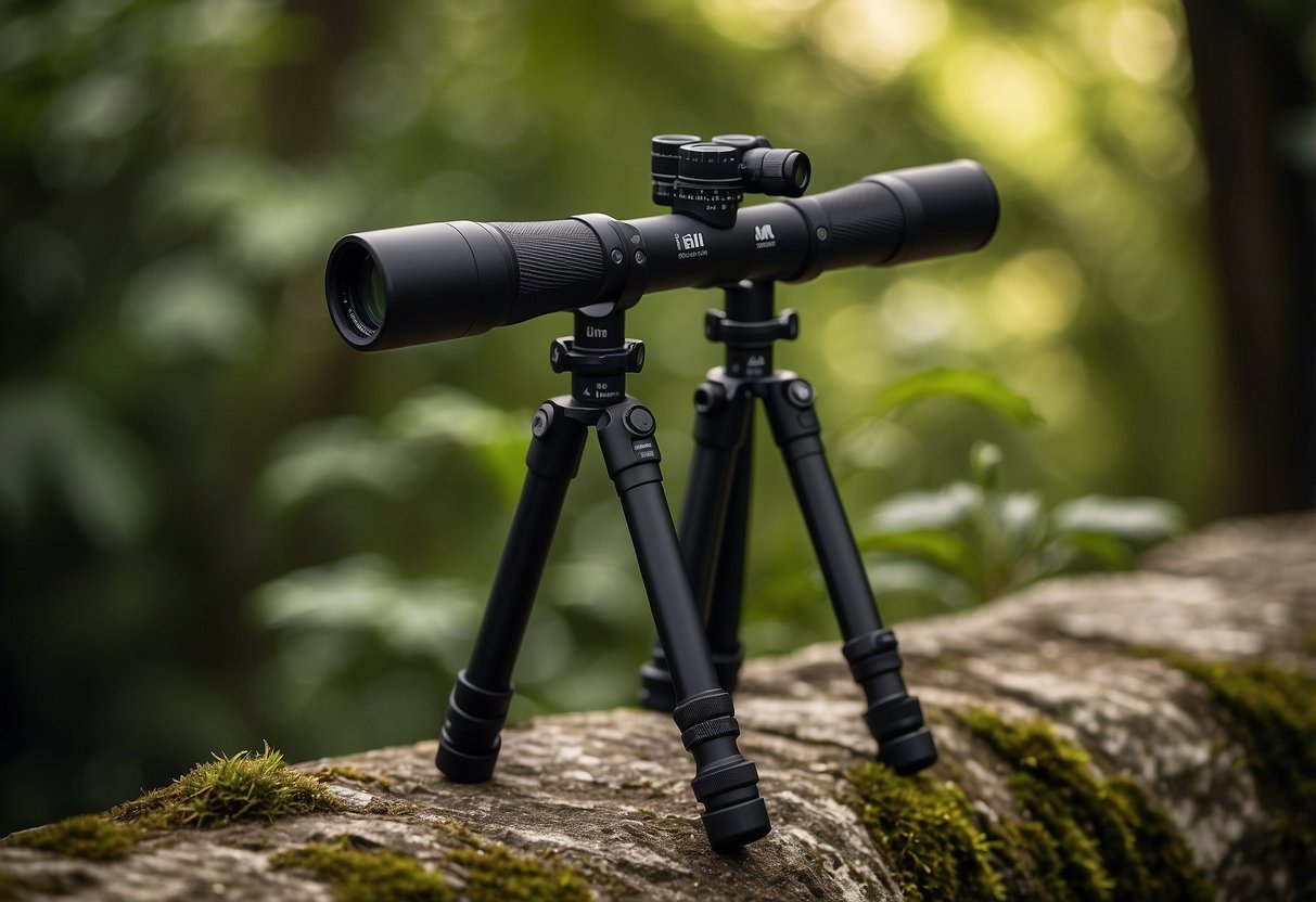 Two Foxelli Carbon Fiber Trekking Poles stand against a backdrop of lush greenery, with a pair of binoculars resting on the ground nearby