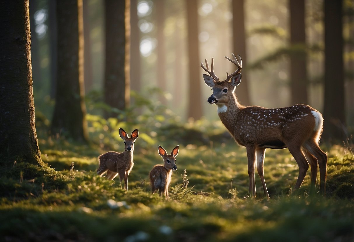 A serene forest clearing with a variety of wildlife, such as birds, deer, and rabbits, all peacefully observed from a distance using lightweight wildlife watching poles