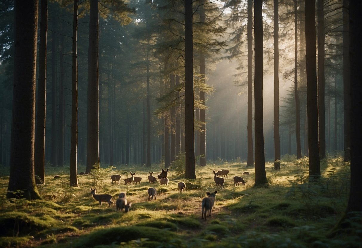 A serene forest clearing with tall, slender trees and a variety of wildlife such as birds, deer, and rabbits. The poles should be shown in use, with watchers observing the animals from a distance