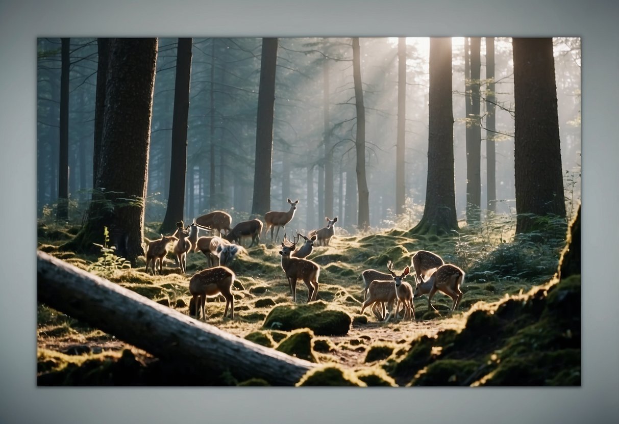 A forest clearing with a variety of wildlife, including birds, deer, and small mammals, surrounded by lightweight wildlife watching poles