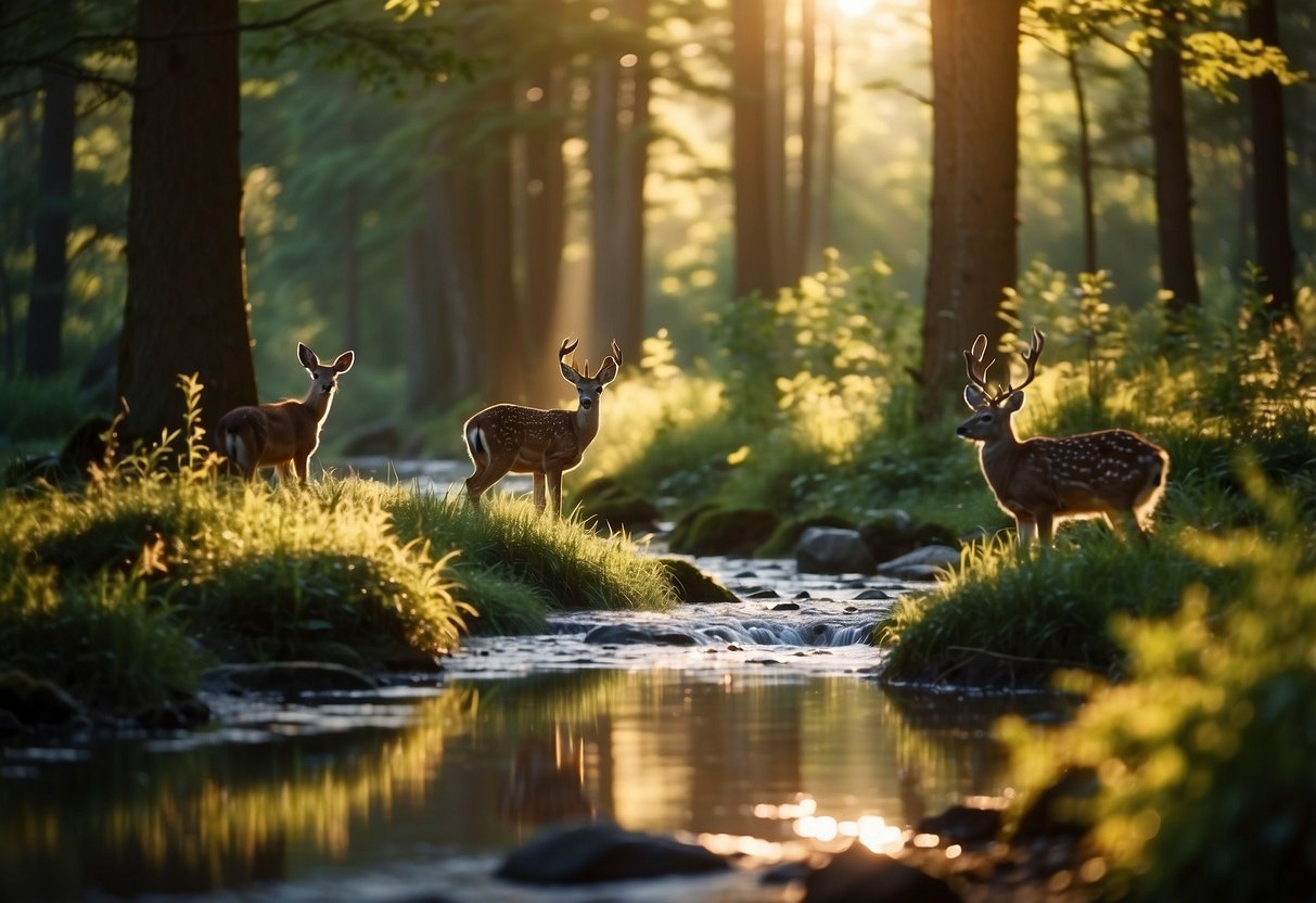 A serene forest clearing with a variety of wildlife, including birds, deer, and rabbits. A gentle stream flows through the scene, and the sun casts a warm glow on the surroundings