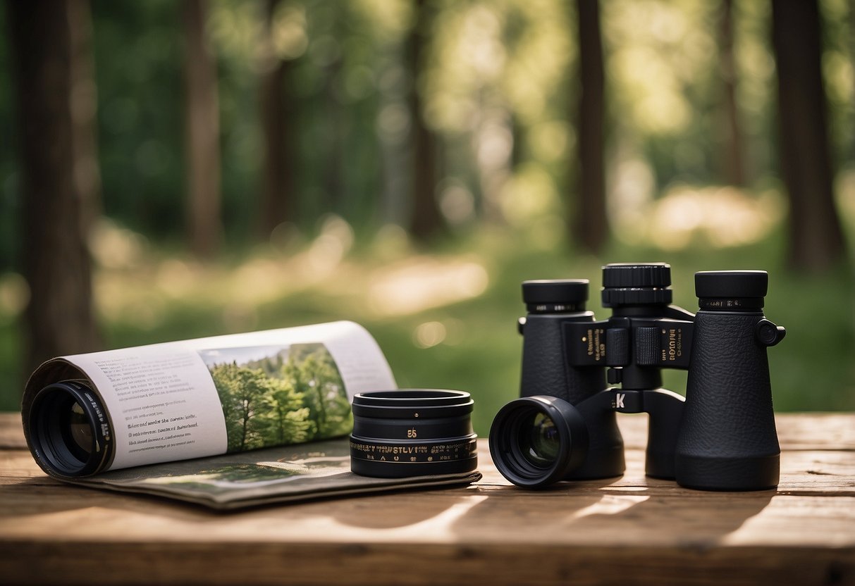 Birdwatching club: Binoculars, field guide, and nature journal on a wooden picnic table. Trees and birds in the background