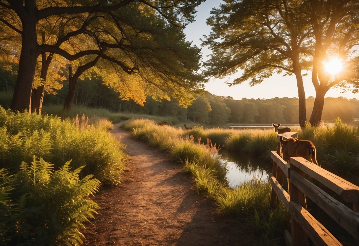 Vibrant foliage surrounds a winding trail, leading to a serene pond. Birds flutter overhead, while deer graze in the distance. The sun casts a warm glow over the tranquil landscape