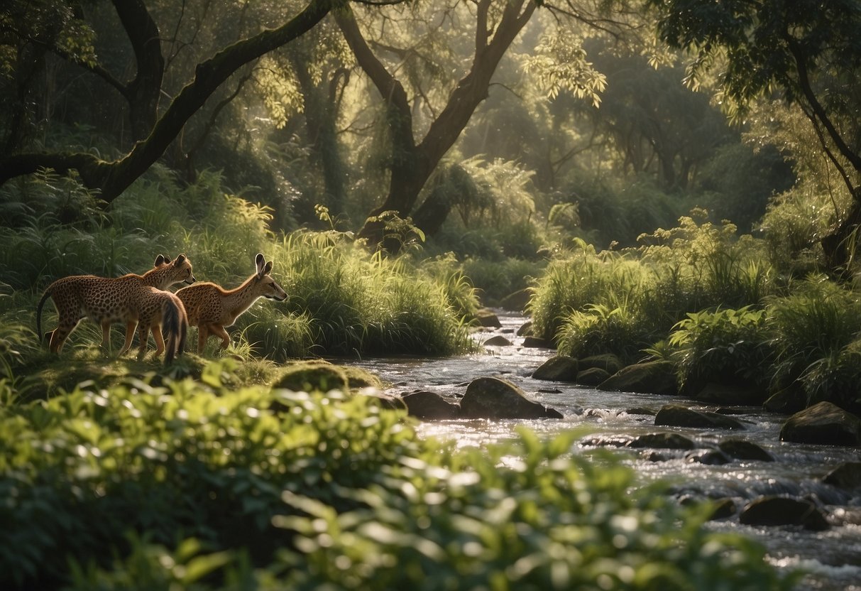 Animals roam freely in a lush wildlife sanctuary. Trees, bushes, and a flowing stream create a serene natural environment