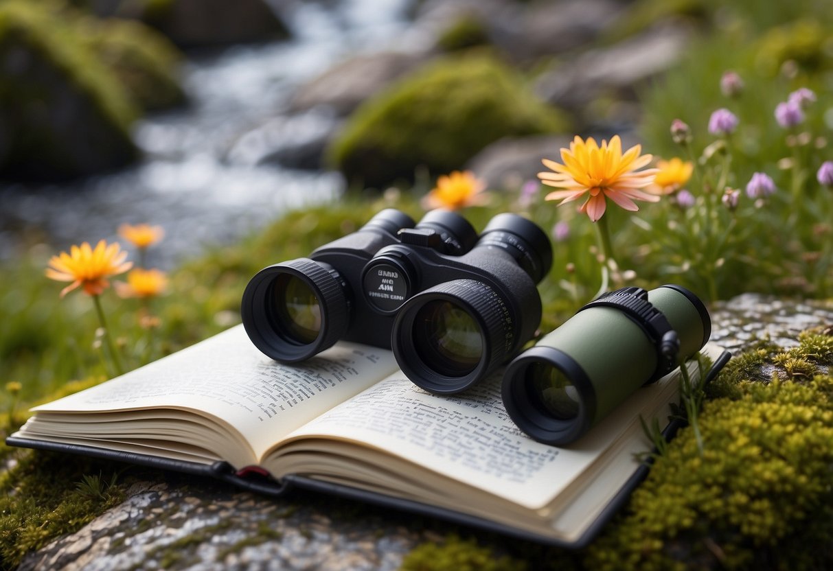 A nature journal lies open on a moss-covered rock, surrounded by vibrant wildflowers and a babbling brook. A pair of binoculars and a camera sit nearby, ready for use