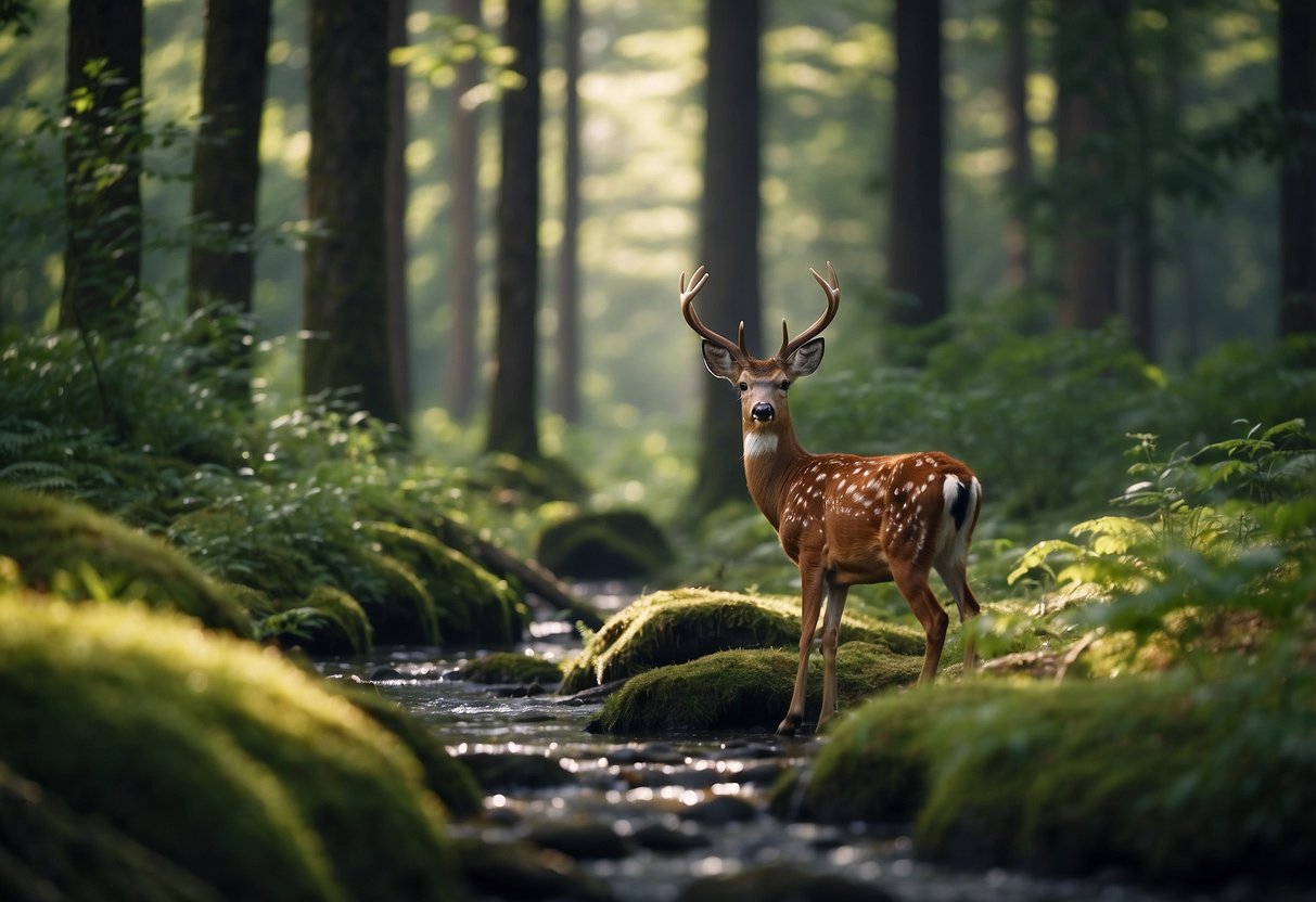 A serene forest clearing with a variety of wildlife, including birds, deer, and small mammals. A natural stream runs through the scene, surrounded by lush vegetation