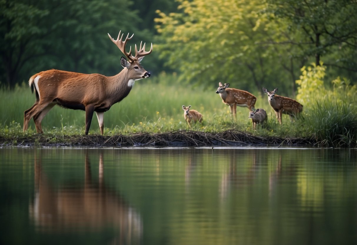 Animals foraging, birds nesting, deer grazing, and fish swimming in their natural habitats. Trees, plants, and water bodies surrounding the wildlife