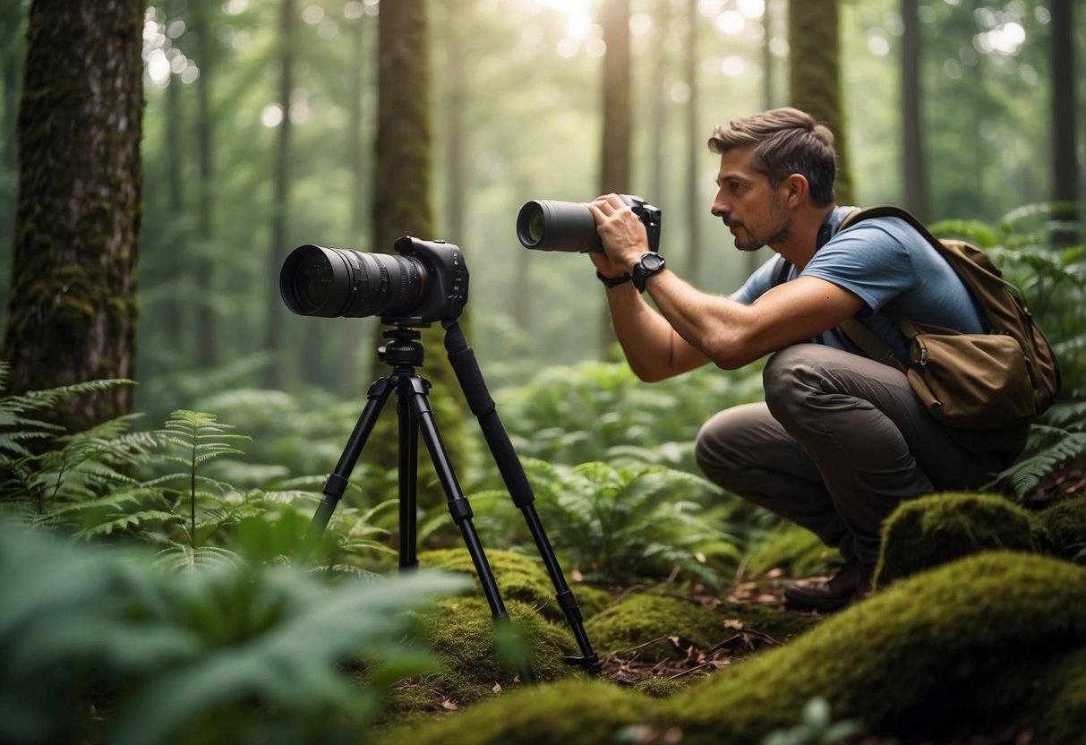 A person setting up binoculars and camera on a tripod in a lush forest clearing, surrounded by diverse wildlife