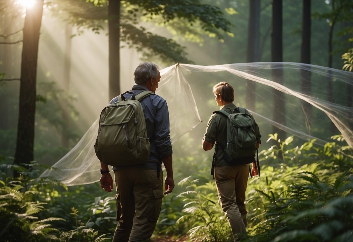 Wildlife watchers in a forest, insects buzzing around. They use insect repellent, wear long sleeves, and carry a mosquito net. They remain still to avoid disturbing the insects