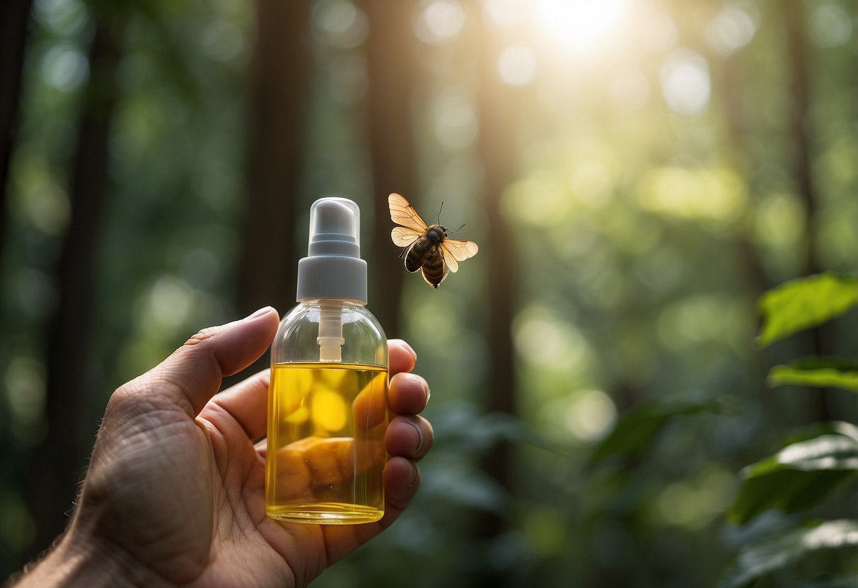 A hand reaches for a bottle of DEET-based insect repellent. A forest backdrop with trees and wildlife in the distance