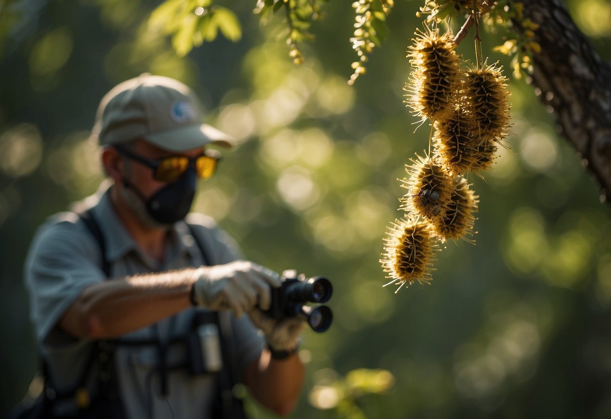 Permethrin-treated gear hangs on a tree branch, surrounded by buzzing insects. A wildlife watcher observes from a distance, protected from bites