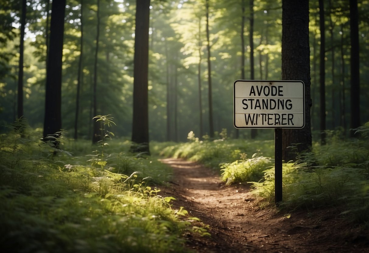 A serene forest clearing with a sign reading "Avoid standing water" and various insects buzzing around