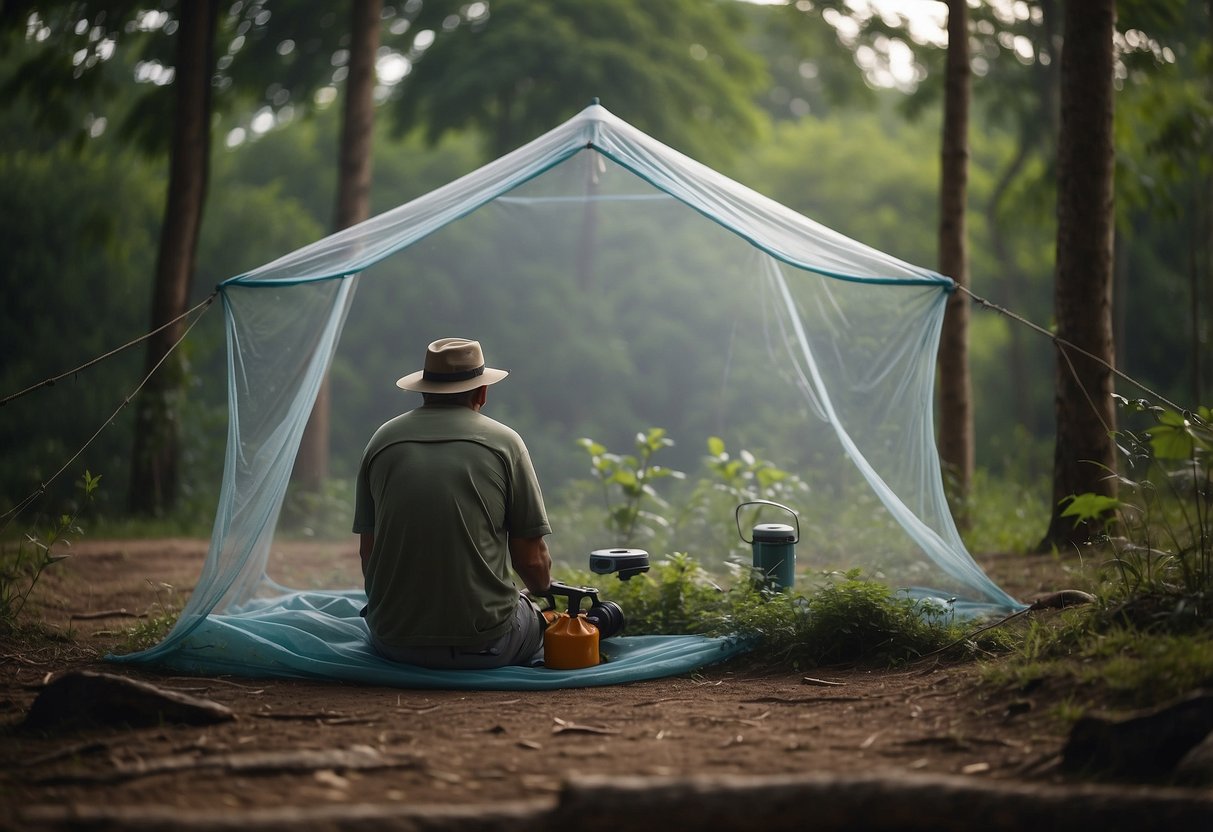 A wildlife watcher sets up mosquito nets around their campsite, ensuring protection from insects