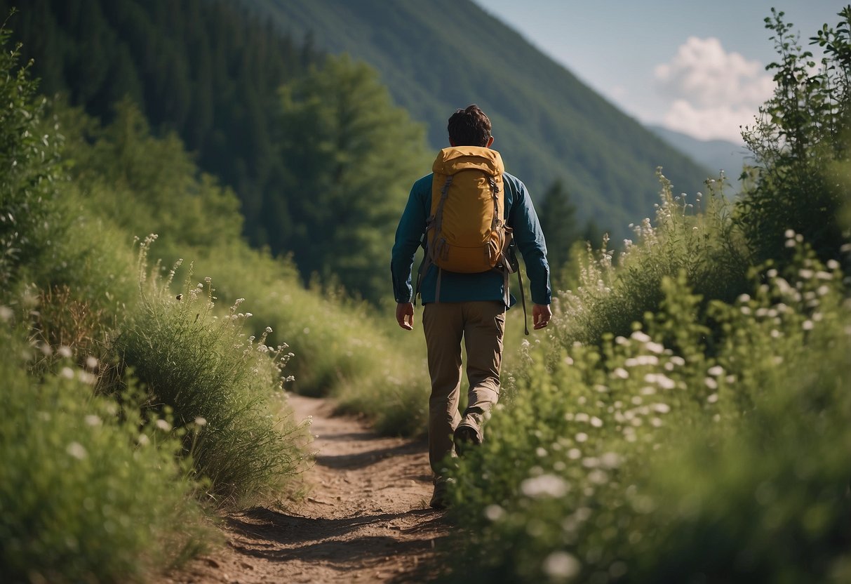 A hiker walks on a trail, avoiding dense bushes. Insects buzz around, but the hiker stays calm and prepared