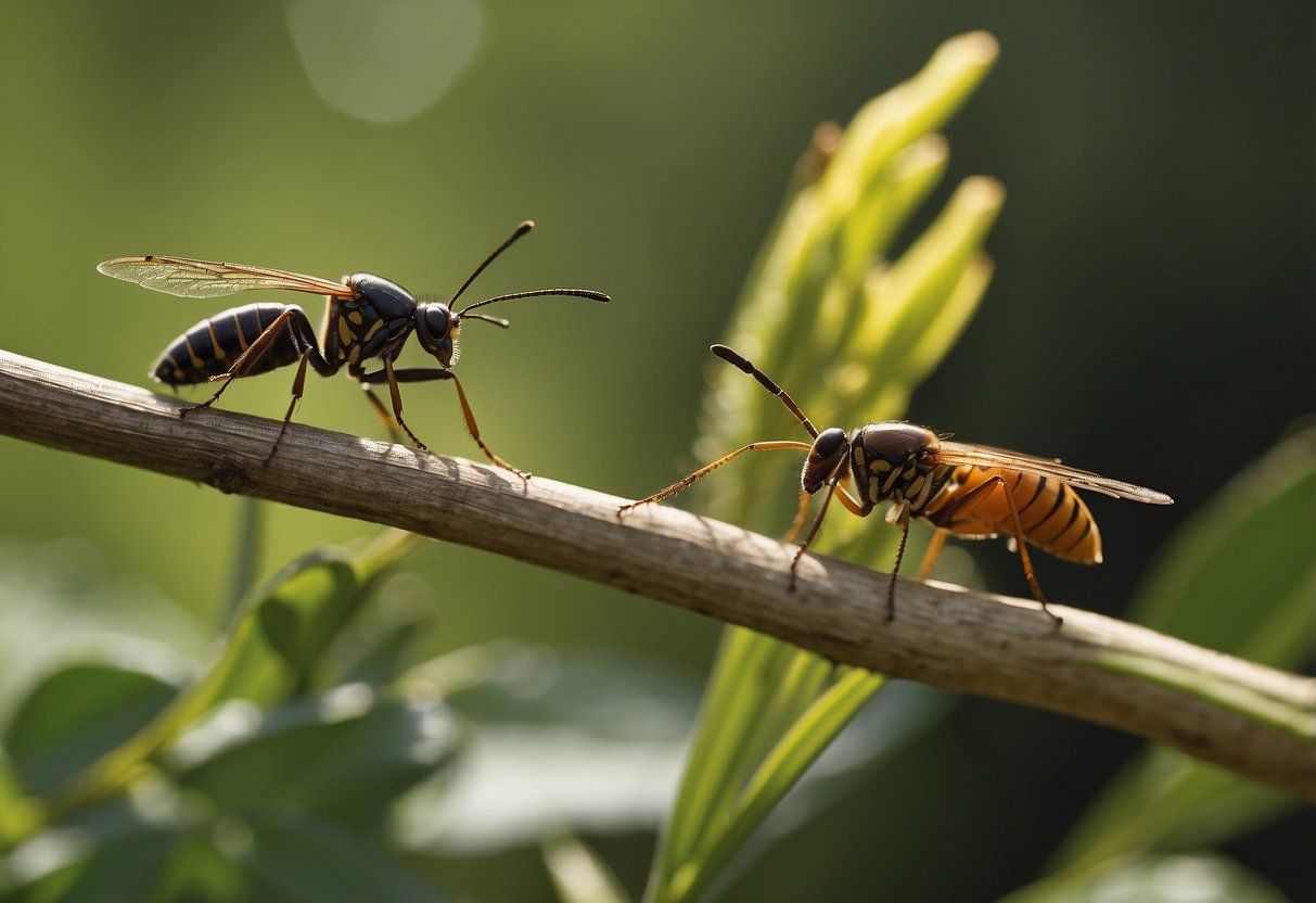 A close-up of insects in their natural habitat, displaying various behaviors such as foraging, mating, and communicating. Surrounding vegetation and wildlife in the background