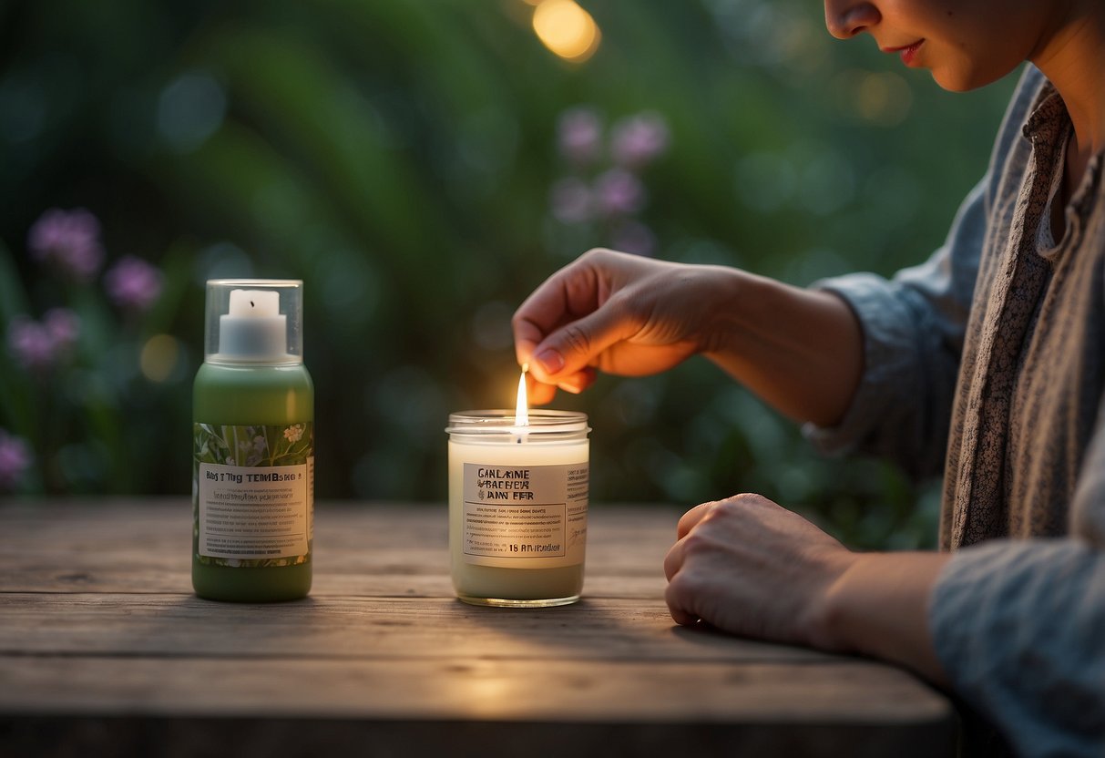 A person sets up a bug repellent candle and sprays insect repellent on their clothing. They wear long sleeves and pants, and use a mosquito net to protect their face