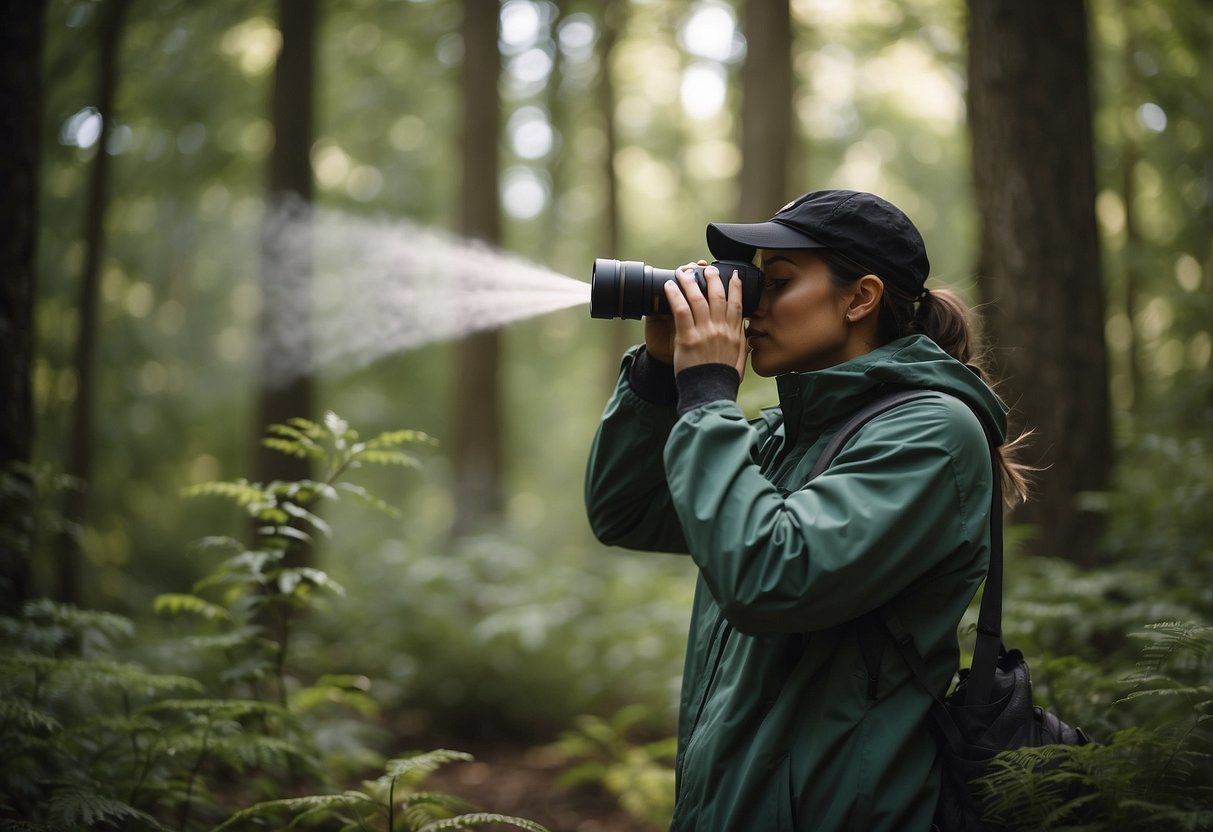 A person observes insects in a forest. They use bug spray, wear long sleeves, and avoid bright colors. Binoculars hang around their neck. The scene is peaceful, with trees and wildlife in the background