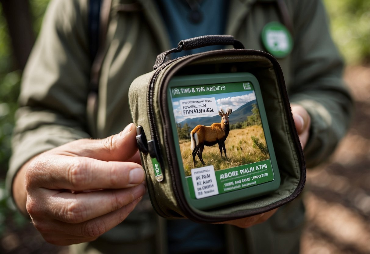 A wildlife watcher holds a compact first aid kit while observing animals in a lush, natural setting. The kit is lightweight and easily portable, perfect for outdoor adventures