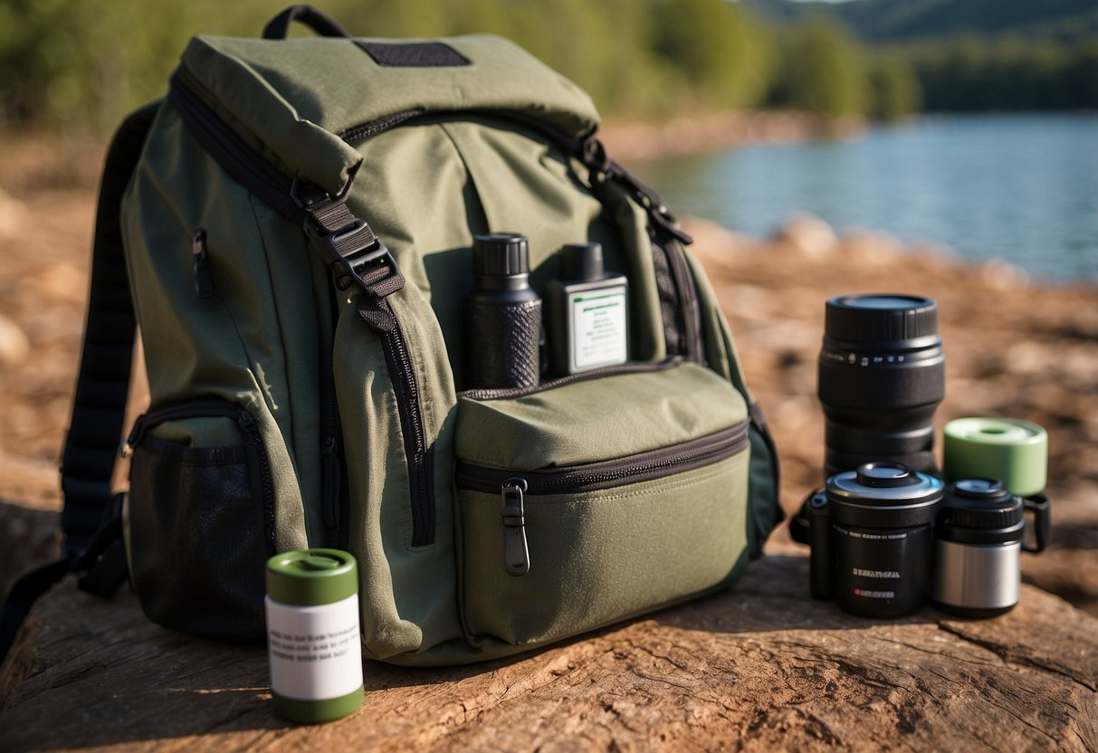 A backpack lies open, revealing a compact first aid kit. Nearby, binoculars and a field guide hint at wildlife watching