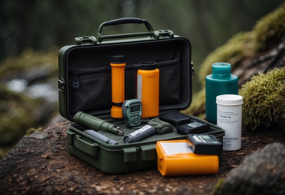 A rugged outdoor scene with a compact trauma kit open and ready for use in a wilderness setting, surrounded by wildlife watching equipment