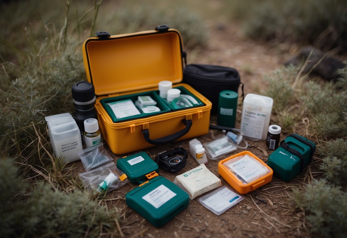 A small first aid kit sits open on the ground amidst wildlife watching gear. Various medical supplies are visible inside the kit